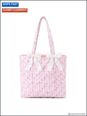 Floral Bow Quilted Tote Bag - Cotton Shoulder Handbag for Work Travel